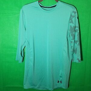 Under Armour on Sleeve Heat Gear 3/4 Sleeve Shirt Men Small Loose Teal Gym